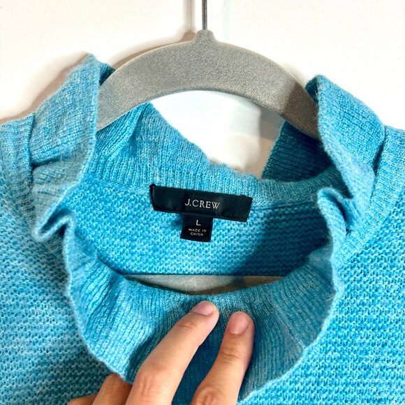 J. Crew Turquoise Blue Ruffle-Neck Sweater Mock Neck Alpaca Blend Size Large - Picture 3 of 6